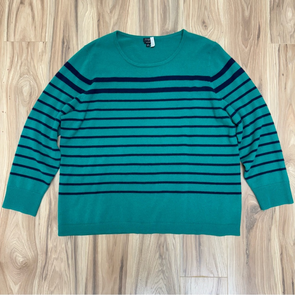 Talbots Pullover 100% Cashmere Sweater Plus 2X Navy Blue Green Striped Soft Slim - Picture 10 of 15
